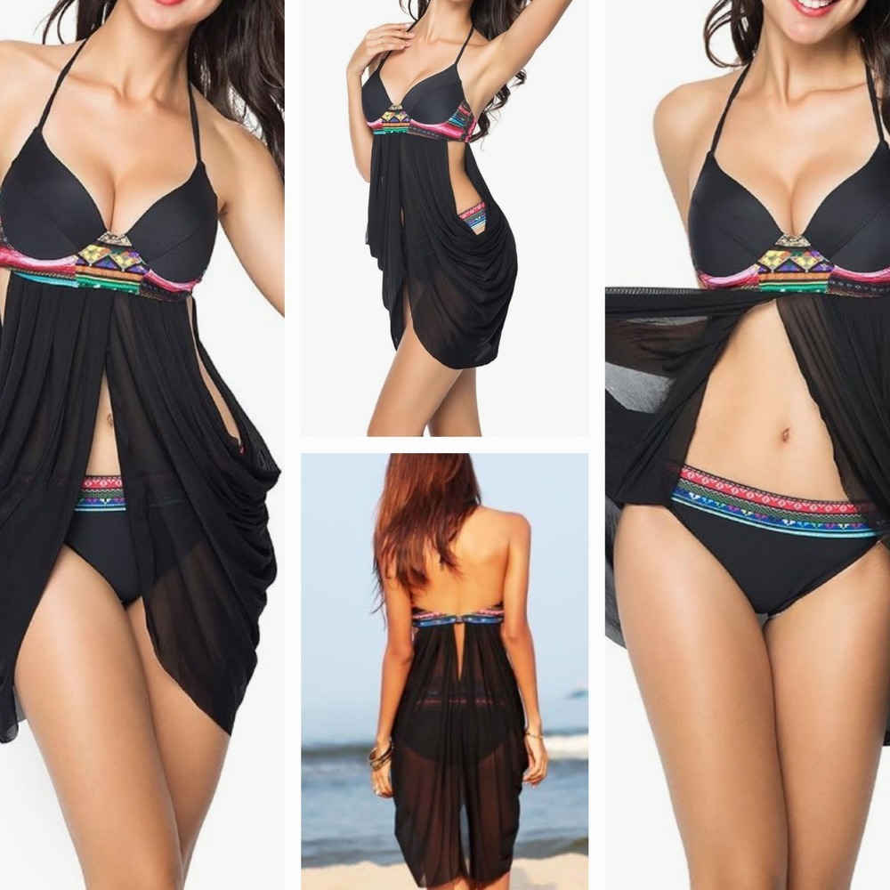 Tankini Swimsuit Women M Black Boho Mesh 2 Pc Halter Modest Tribal Beach Resort